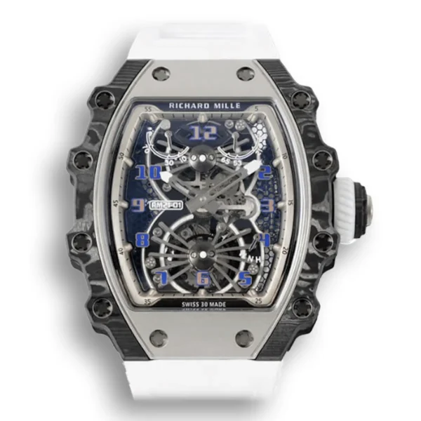 Superclone Richard Mille 21-01 Tourbillon Carbon Fiber Bezel and White Strap