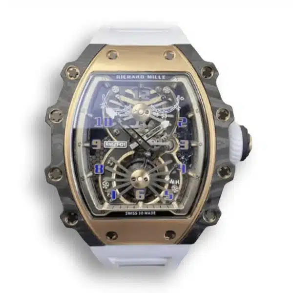 Superclone Richard Mille 21-01 Tourbillon Skeleton Dial and White Strap