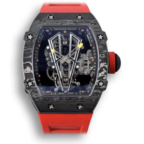 Replica Richard Mille 27-03 Rafael Nadal Tourbillon with a Red Rubber Strap