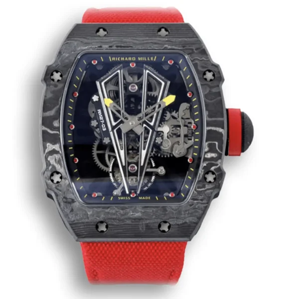 Replica Richard Mille 27-03 Rafael Nadal Tourbillon with Red Strap and Black Case