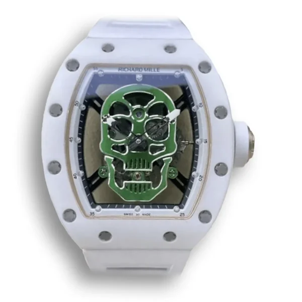 Replica Richard Mille 52-01 Green Skull Tourbillon Dial with White Strap and White Case